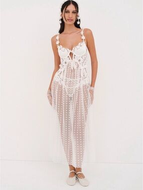For Love And Lemons White Sheer Lace Heart-Print Maxi Chemise